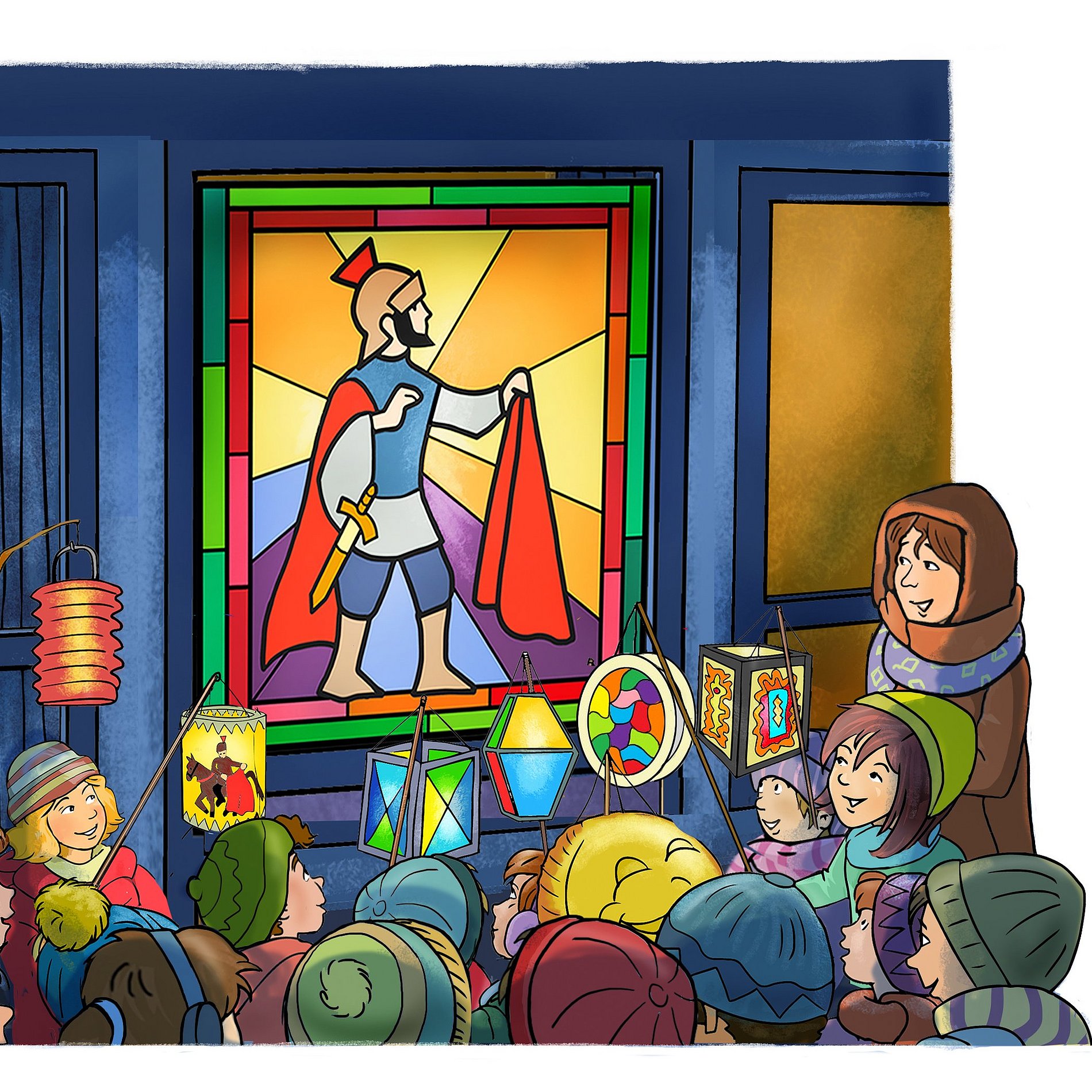 Kinder stehen mit Laternen vor einem Fenster das als Mosaik St. Martin mit einem Stück seines Mantels in der Hand zeigt