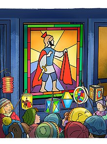 Kinder stehen mit Laternen vor einem Fenster das als Mosaik St. Martin mit einem Stück seines Mantels in der Hand zeigt