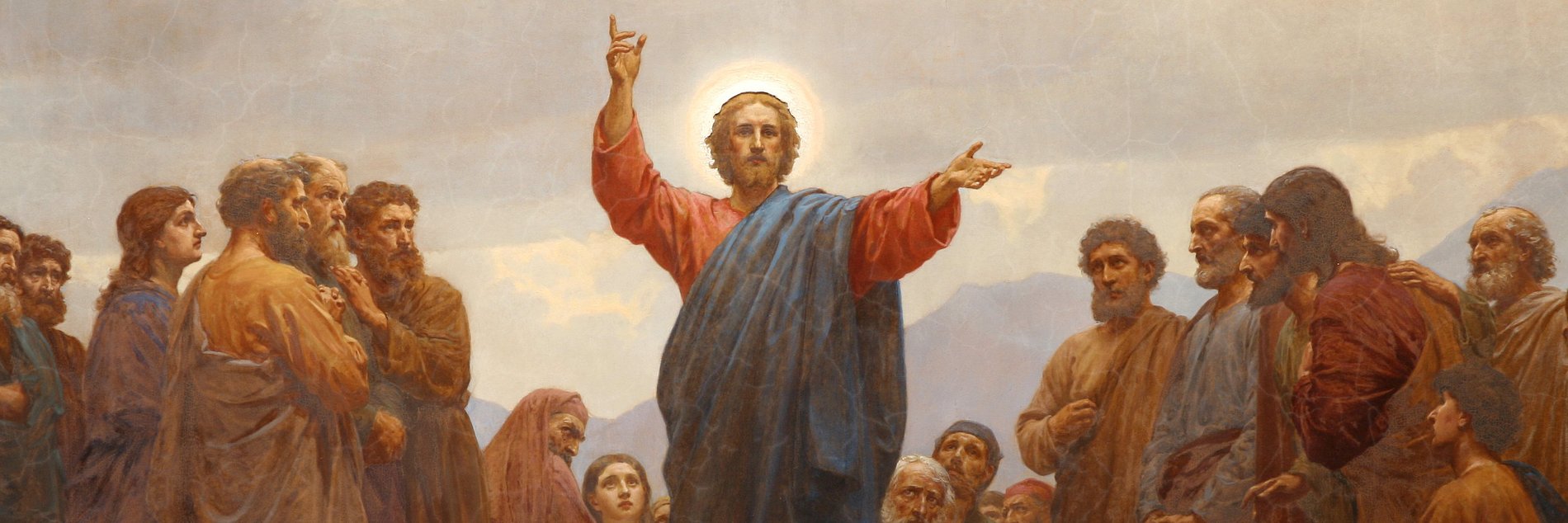 Das Gemälde zeigt Jesus in der Mitte umringt von Frauen und Männern, die gespannt seiner Bergpredigt lauschen
