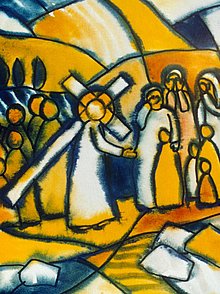 Jesus mit geschultertem Kreuz streckt seine Hand aus während die Frauen weinend ihre Hände vor ihr Gesicht halten