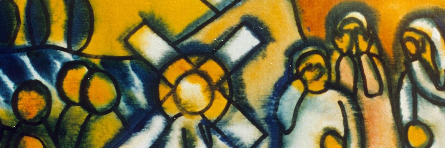 Jesus mit geschultertem Kreuz streckt seine Hand aus während die Frauen weinend ihre Hände vor ihr Gesicht halten