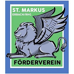 Logo des Fördervereins ist ein liegender Markuslöwe mit hochgestellten Flügeln, die die Form des Pfarrzentrums haben
