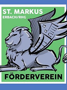 Verein der Freunde und Förderer der katholischen Gemeinde St. Markus in Eltville-Erbach im Rheingau e.V. Logo des Fördervereins ist ein liegender Markuslöwe mit hochgestellten Flügeln, die die Form des Pfarrzentrums haben