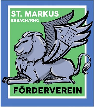 Logo des Fördervereins ist ein liegender Markuslöwe mit hochgestellten Flügeln, die die Form des Pfarrzentrums haben