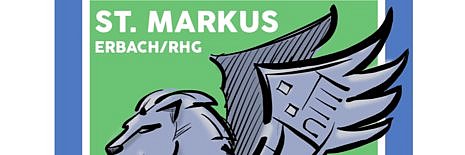Logo des Fördervereins ist ein liegender Markuslöwe mit hochgestellten Flügeln, die die Form des Pfarrzentrums haben