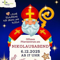 Plakat mit Hl. Nikolaus als freundliche Einladung zum offenen Pfarrzentrum und einem gemeinsamen Nikolausabend