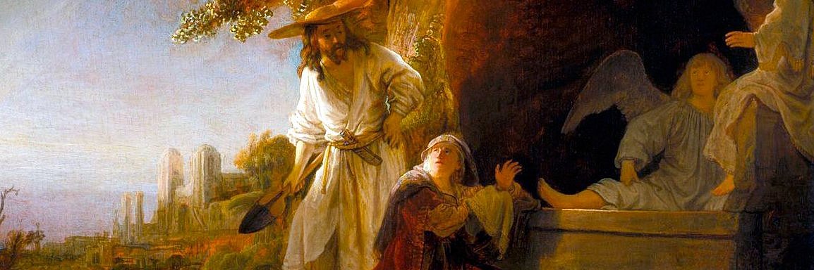 Das Bild zeigt die Situation wie beschrieben in Johannes 20,11ff mit den Engeln sitzend auf dem leeren Grab, Maria davon abgewendet hin zu Jesus schauend den Sie für den Gärtner hält.