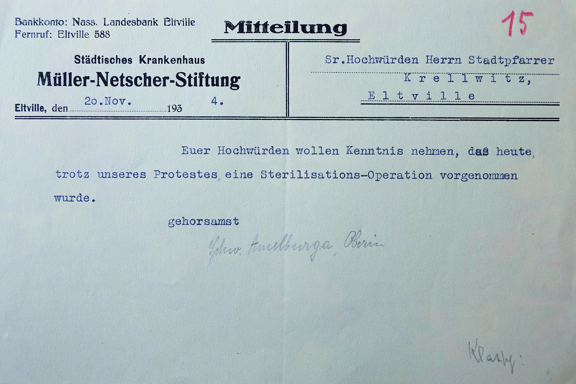 Oberin meldet durchgeführte Sterilisation am 20. November