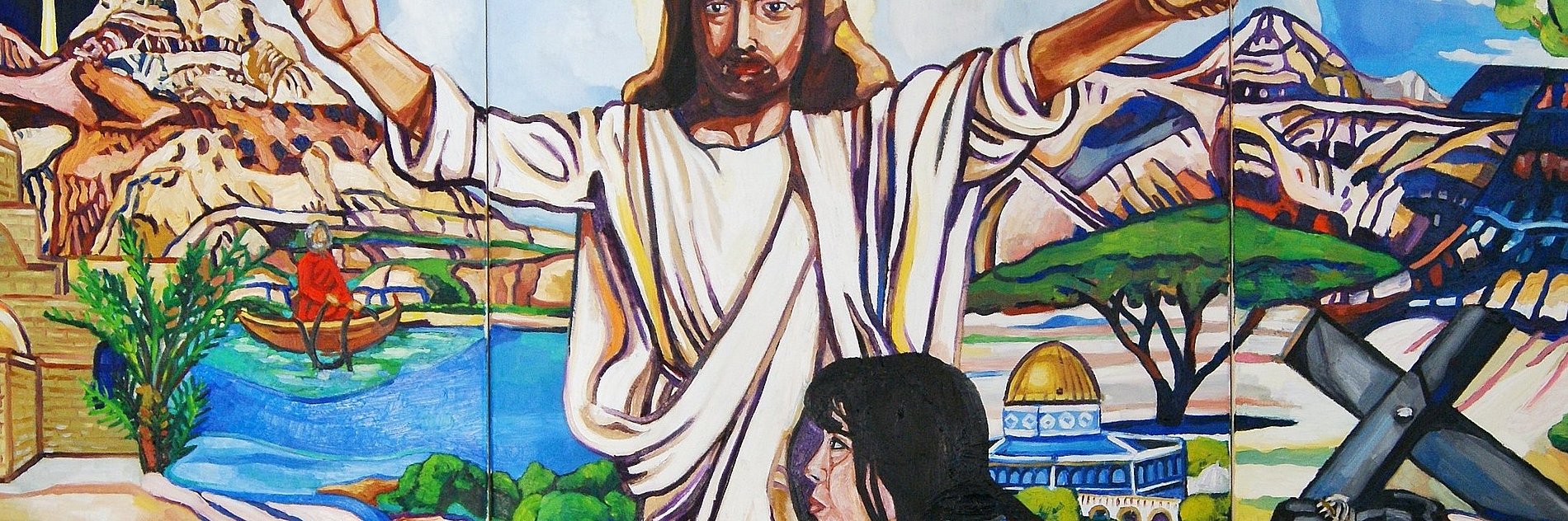 Das Bild zeigt Jesus mit offnen armen mit Maria knieend an seiner Seite umrandet von Szenen seines Lebens von dem aufgehenden Stern über Bethlehem bis zum Tragen des Kreuzes