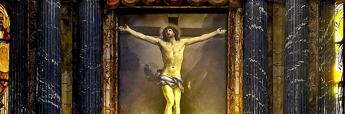 Das Altarblatt des Hochaltar der Basilika "San Lorenzo in Lucina" in Rom (Italien) zeigt den gekreuzigten Jesus einzeln und hinaufblickend zum Himmel