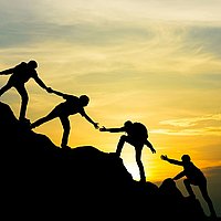 business, together, concept, hand, success, leadership, trust, cooperate, hope, team, support, group, sunset, freedom, motion, active, helping hand, help, work, climb, mountain, silhouette, people, winner, courage, leader, win, action, teamwork, crowd, guy, sun, trekking, climber, nature, male, cloud, background, landscape, sky, accomplishment, activity, adrenaline, adventure, businessman, cliff, climbing, friends