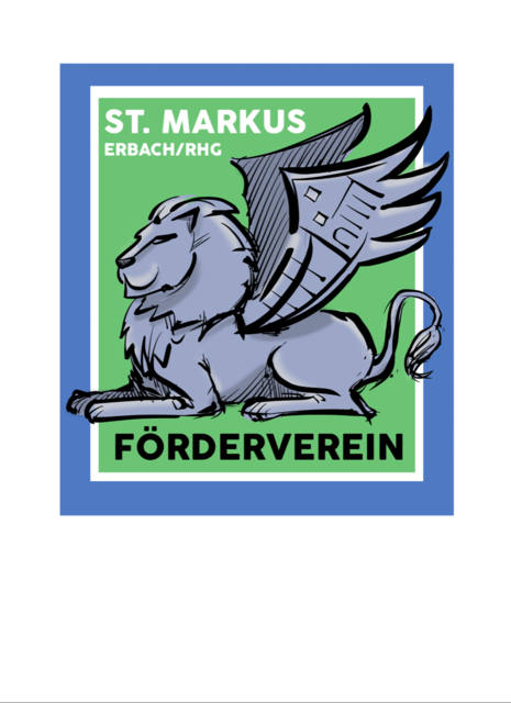 Verein der Freunde und Förderer der katholischen Gemeinde St. Markus in Eltville-Erbach im Rheingau e.V. Logo des Fördervereins ist ein liegender Markuslöwe mit hochgestellten Flügeln, die die Form des Pfarrzentrums haben