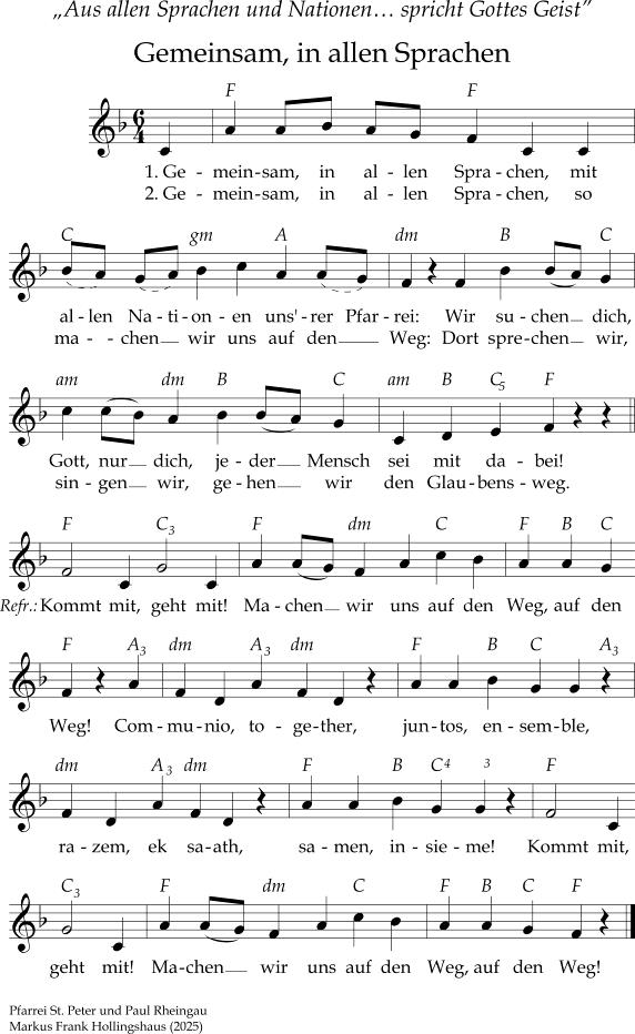 Notensatz und Text der zwei Strophen des Liedes "Gemeinsam, in allen Sprachen"